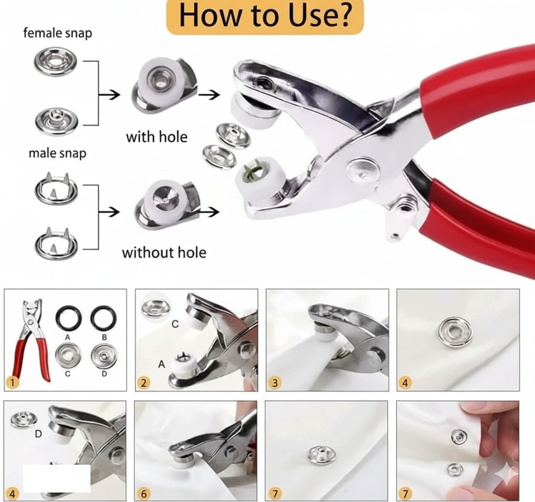 DIY Sewing Buttons Set For Clothing Sewing 200 PCS Silver Button Thickened Snap Fasteners Kit Metal Copper Five Claw Buckle Set With Hand Pressure Pliers Pack of 1