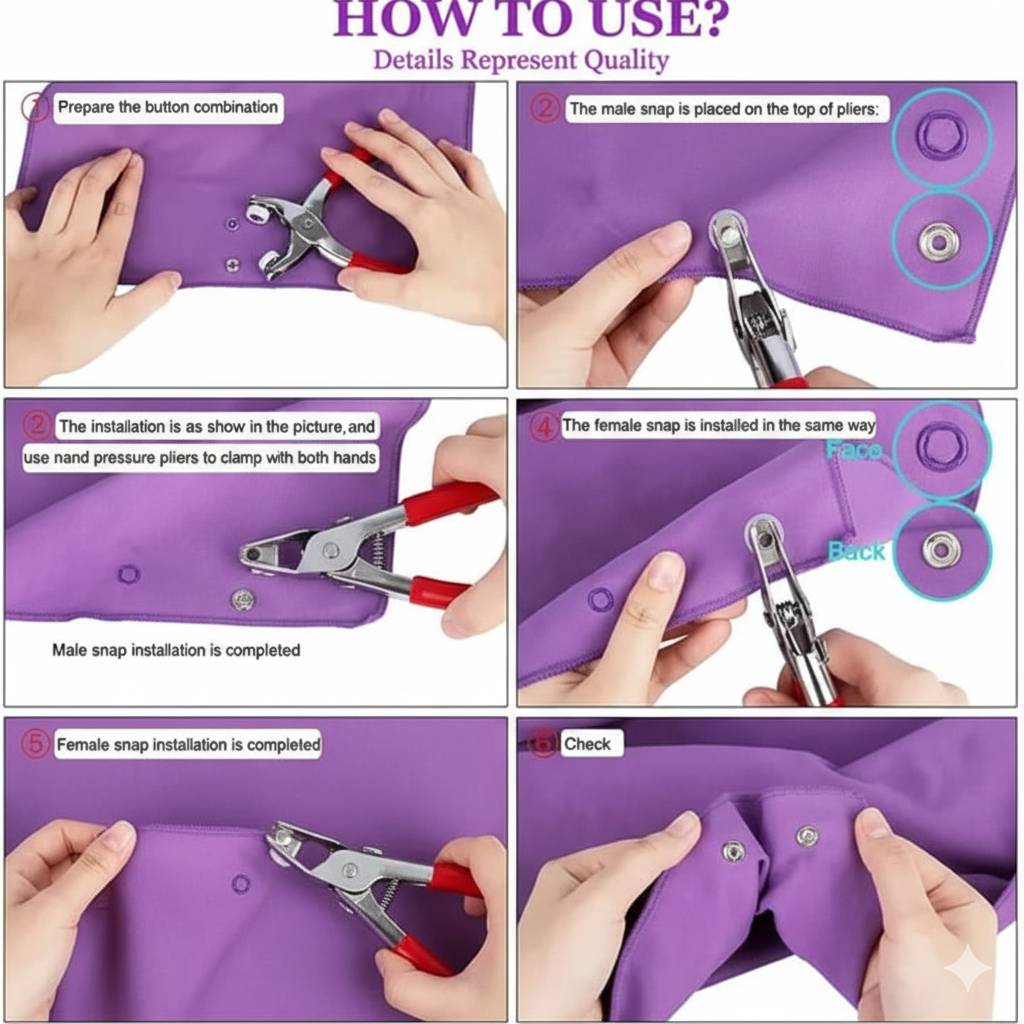DIY Sewing Buttons Set For Clothing Sewing 200 PCS Silver Button Thickened Snap Fasteners Kit Metal Copper Five Claw Buckle Set With Hand Pressure Pliers Pack of 1